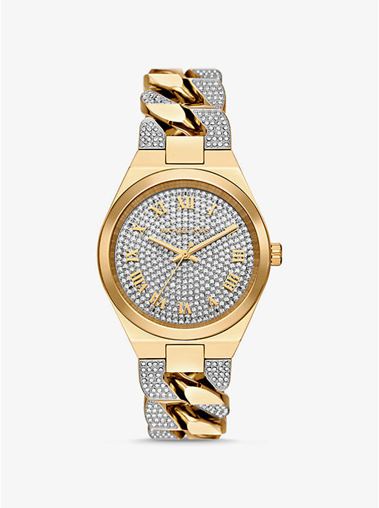 Michael Kors Lennox gold-tone watch with curved pave link chain MK7487