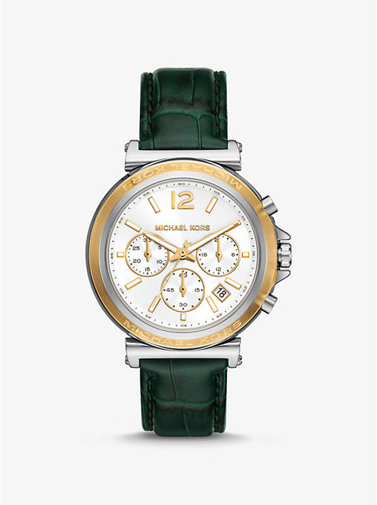 Michael Kors Maren oversized silver-tone watch with crocodile-embossed leather strap MK7498