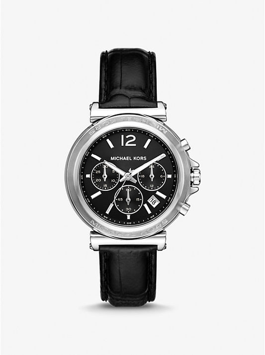 Michael Kors Maren oversized silver-tone watch with crocodile-embossed leather strap MK7499