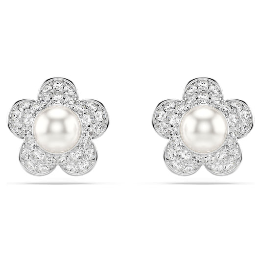 Swarovski Ariana Grande x Swarovski stud earrings Crystal Pearl, Round cut, Flower, White, Rhodium plated 5756098