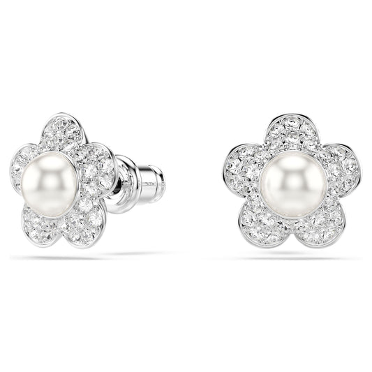 Swarovski Ariana Grande x Swarovski stud earrings Crystal Pearl, Round cut, Flower, White, Rhodium plated 5756098