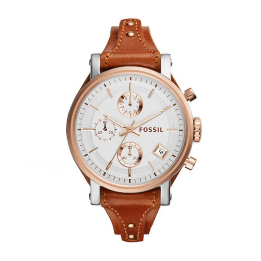 Fossil Original Boyfriend Brown Leather Strap White Dial Chronograph Quartz Watch for Women ES3837