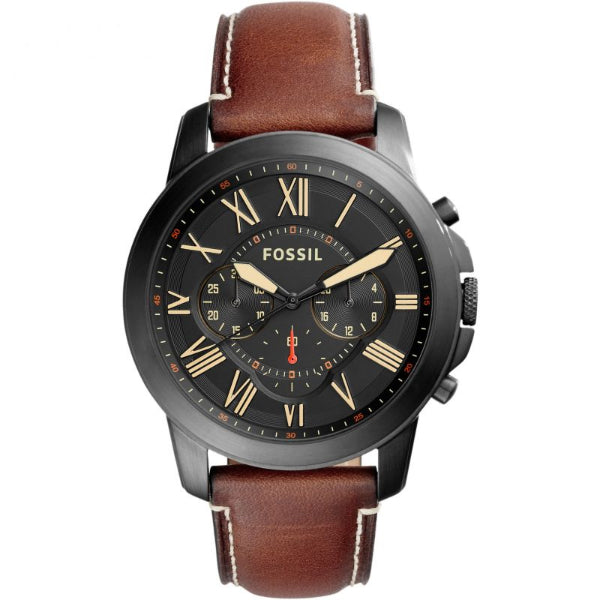 Fossils Grant Brown Leather Strap Black Dial Chronograph Quartz Watch for Gents FS5241
