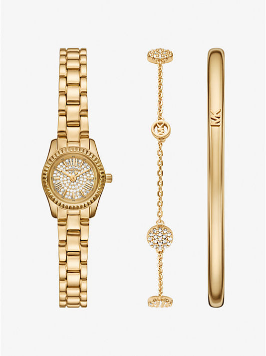 Michael Kors Lexington Miniature Clock Gift Set with Gold-Tone Inlay and Jewelry MK4944SET