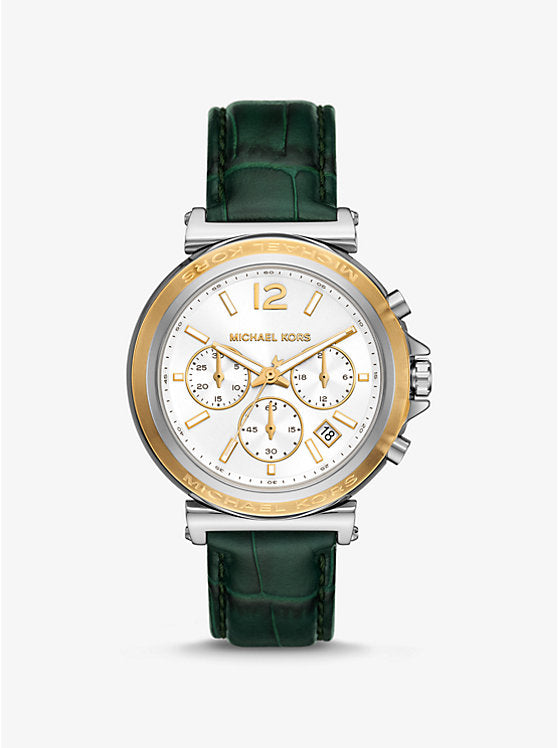 Michael Kors Maren oversized silver-tone watch with crocodile-embossed leather strap MK7498