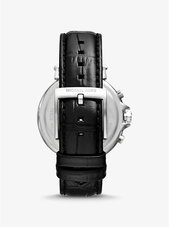 Michael Kors Maren oversized silver-tone watch with crocodile-embossed leather strap MK7499