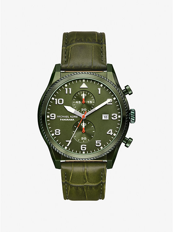 Michael Kors Oversized Panorama watch in olive and leather with embossed crocodile motif MK9199