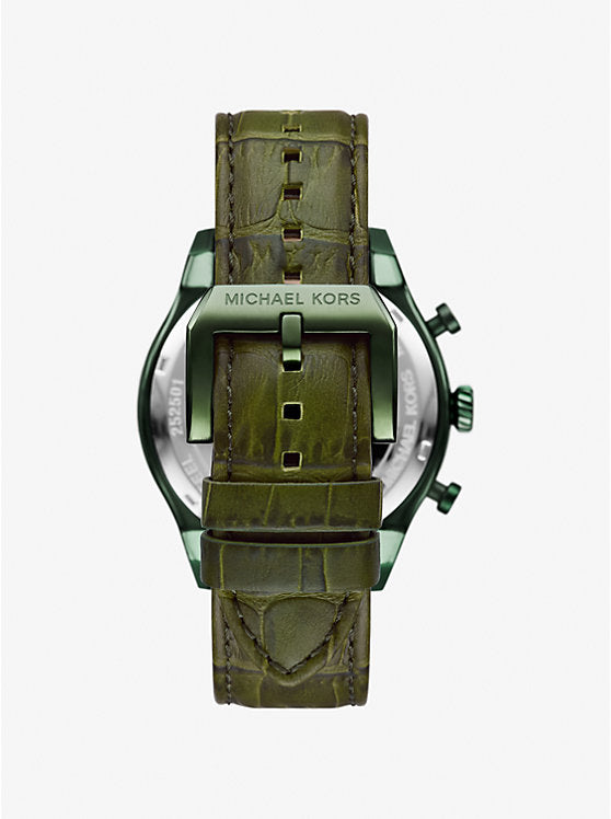 Michael Kors Oversized Panorama watch in olive and leather with embossed crocodile motif MK9199