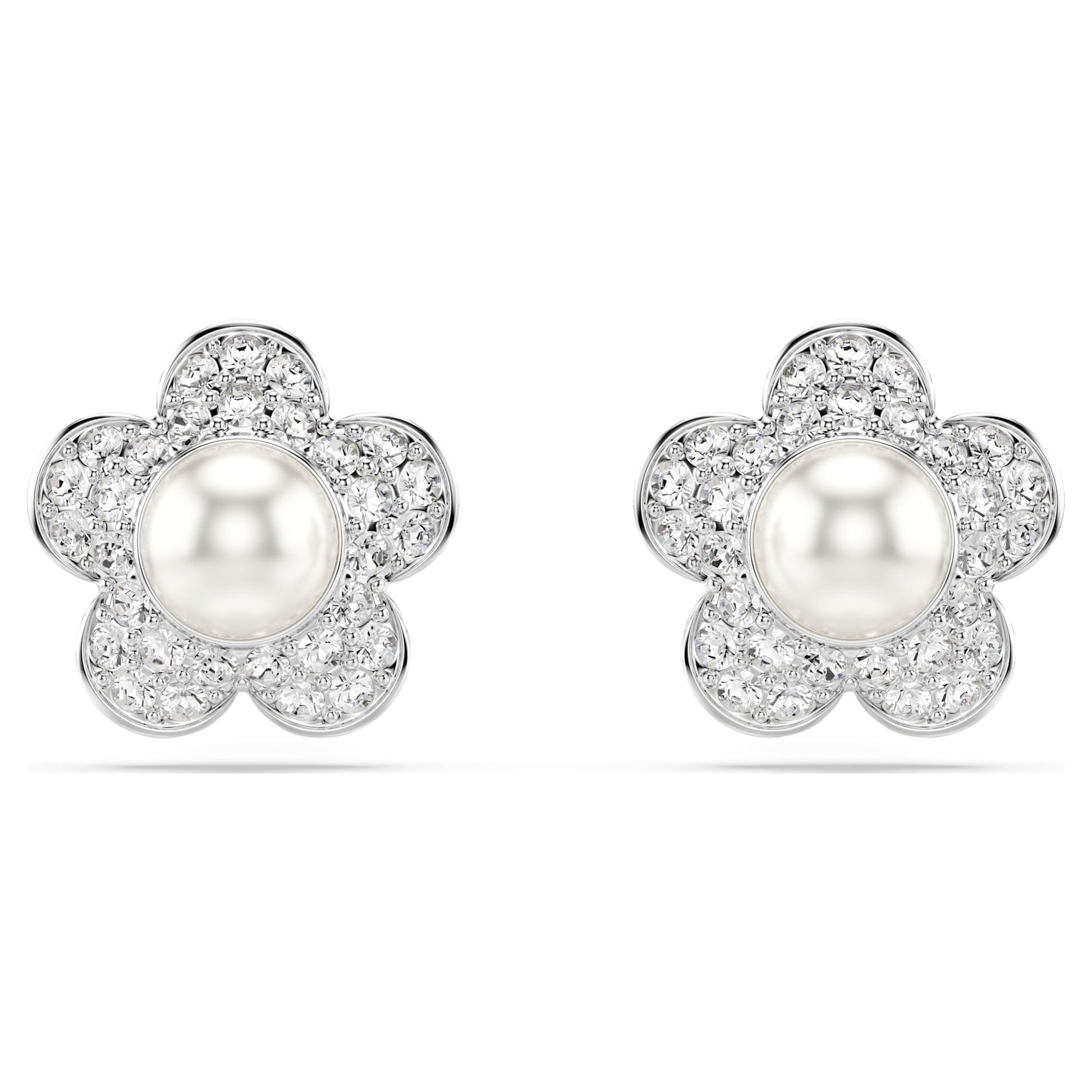 Swarovski Ariana Grande x Swarovski stud earrings Crystal Pearl, Round cut, Flower, White, Rhodium plated 5756098