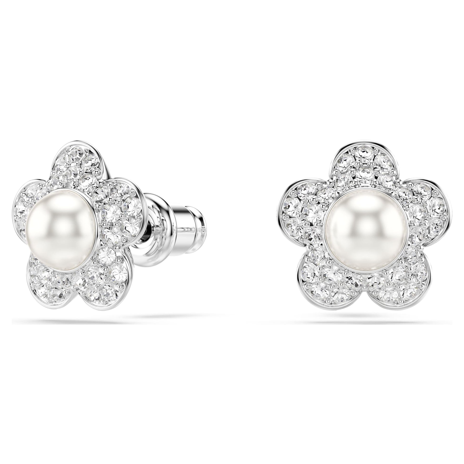 Swarovski Ariana Grande x Swarovski stud earrings Crystal Pearl, Round cut, Flower, White, Rhodium plated 5756098