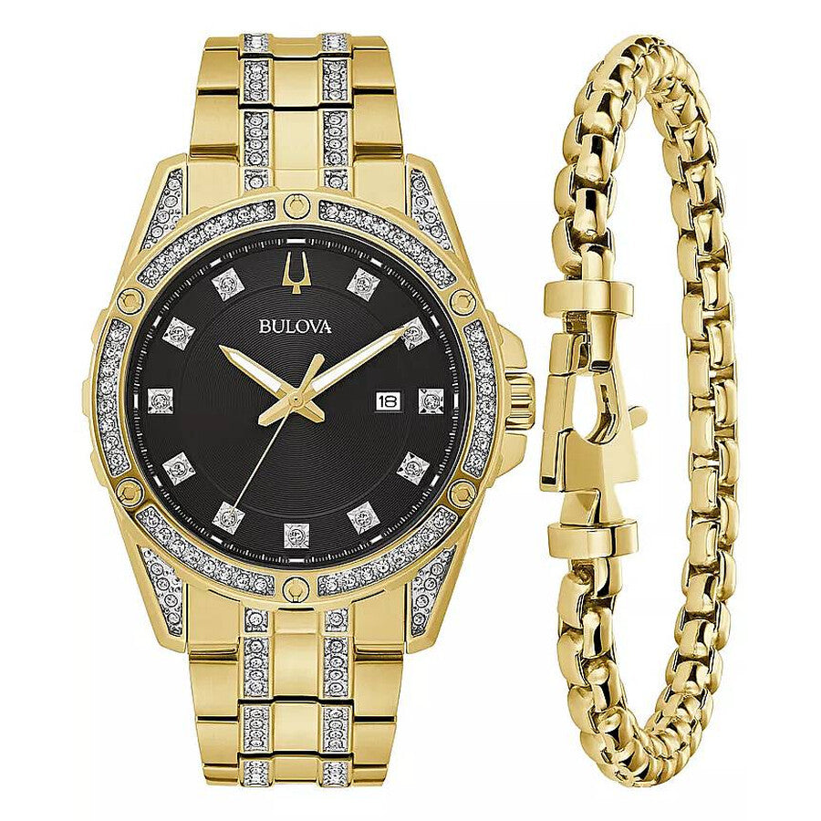 Bulova Quartz Diamond Crystal Black Dial Men's Watch and Bracelet Set Watch 98K115