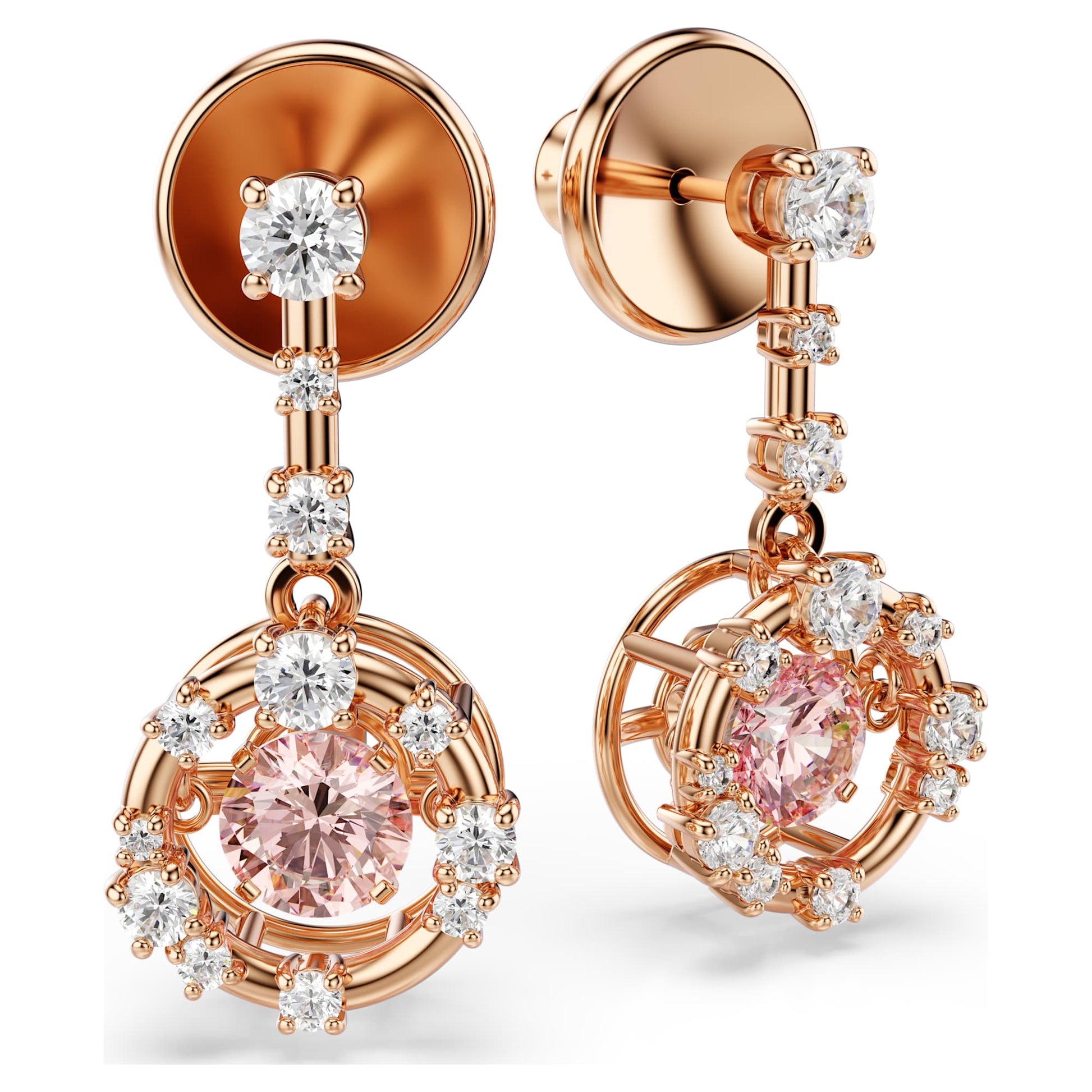 Swarovski Constella drop earrings Round cut, Dancing stone, Pink, Rose gold-tone plated 5744239