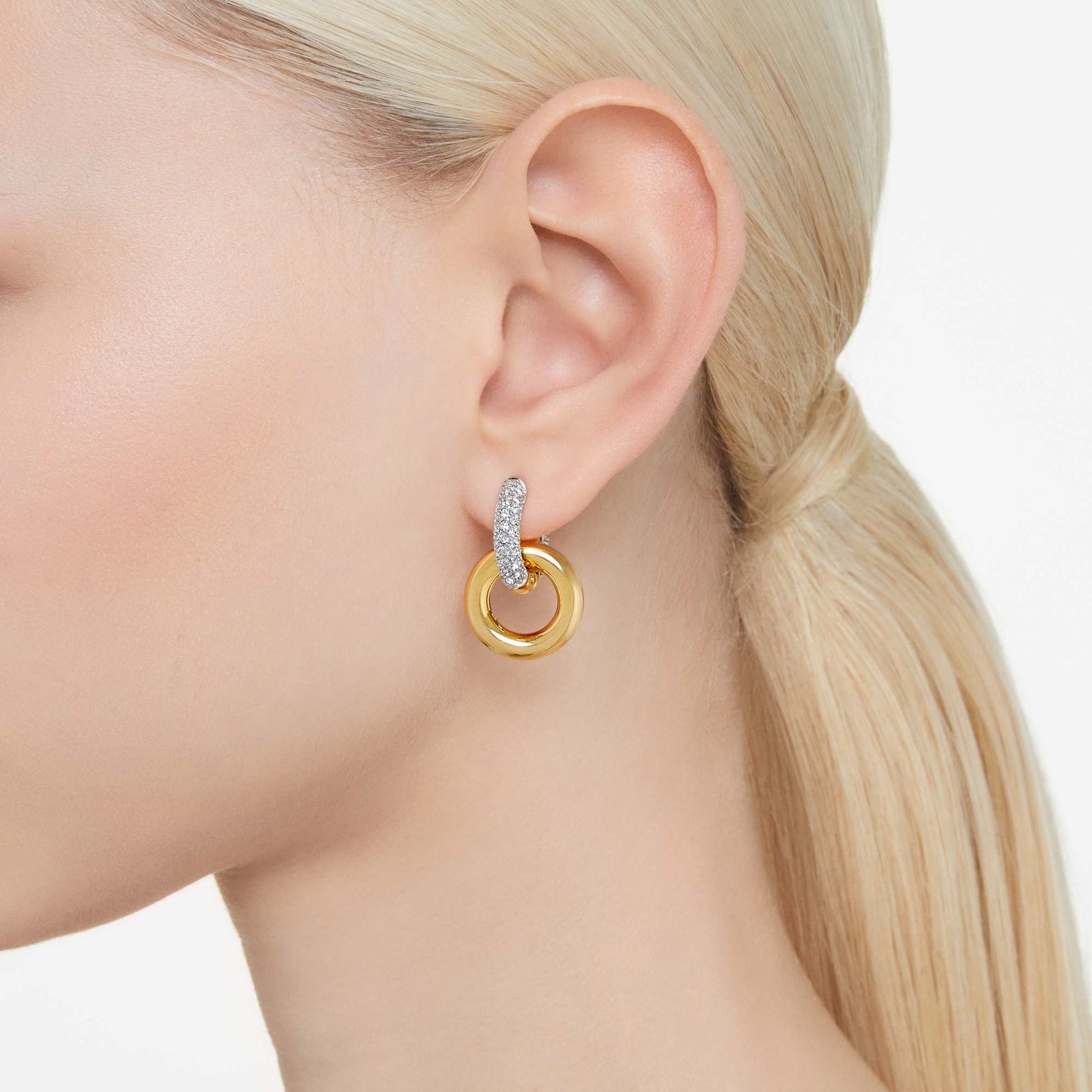 Swarovski Dextera hoop earrings Asymmetrical design, Interlocking loop, White, Gold-tone plated 5668818