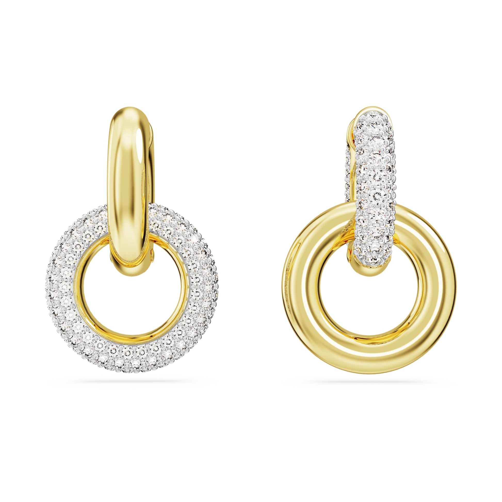 Swarovski Dextera hoop earrings Asymmetrical design, Interlocking loop, White, Gold-tone plated 5668818