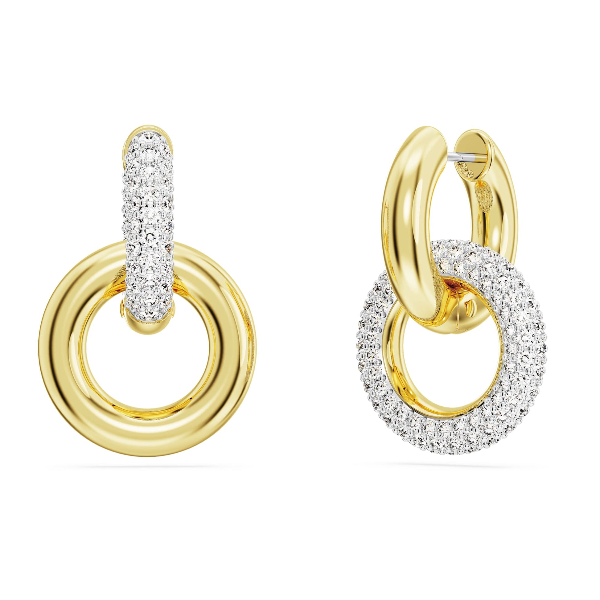 Swarovski Dextera hoop earrings Asymmetrical design, Interlocking loop, White, Gold-tone plated 5668818