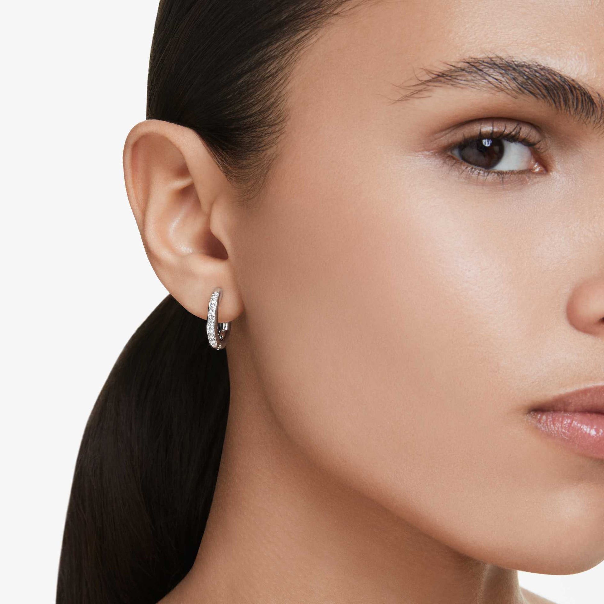 Swarovski Dextera hoop earrings Octagon shape, Round cut, Small, White, Rhodium plated 5724585