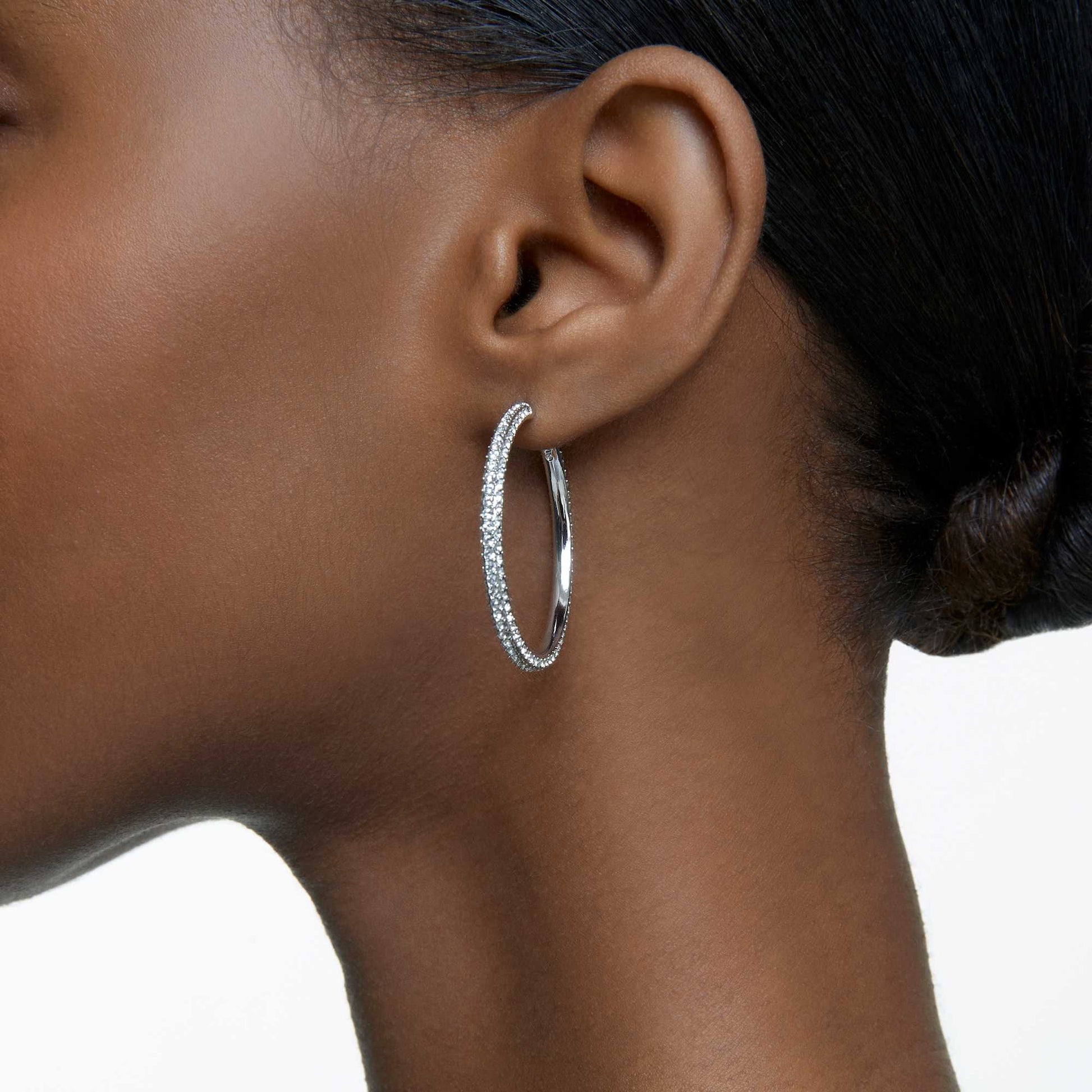Swarovski Dextera hoop earrings Pavé, Large, White, Rhodium plated 5389432