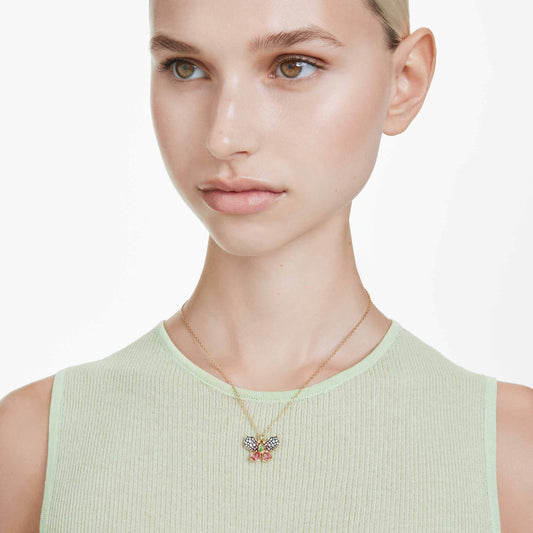 Swarovski Idyllia pendant Mixed cuts, Pavé, Butterfly, Multicolored, Gold-tone plated  5709950