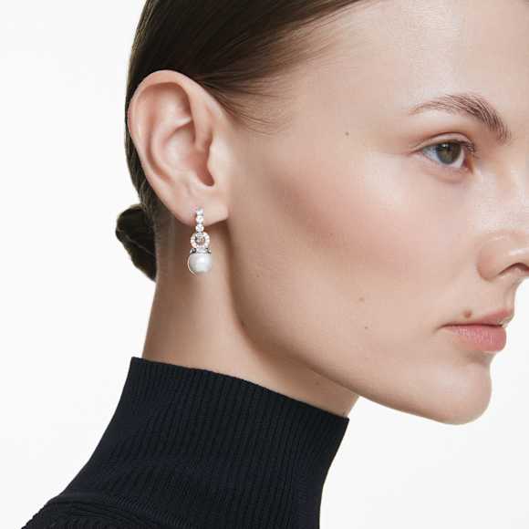 Swarovski Matrix drop earrings Crystal pearl, Round cut, White, Rhodium plated 5691716