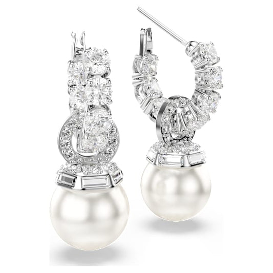 Swarovski Matrix drop earrings Crystal pearl, Round cut, White, Rhodium plated 5691716