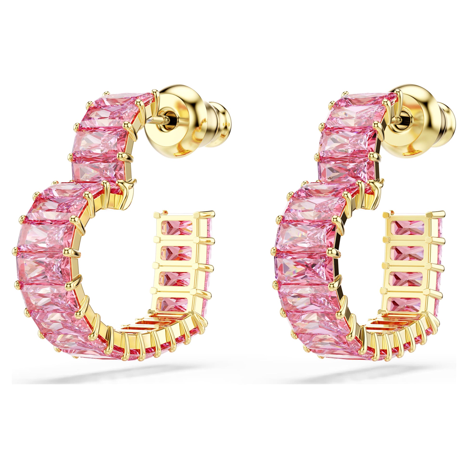 Swarovski Matrix hoop earrings Baguette cut, Heart, Small, Pink, Gold-tone plated 5706340