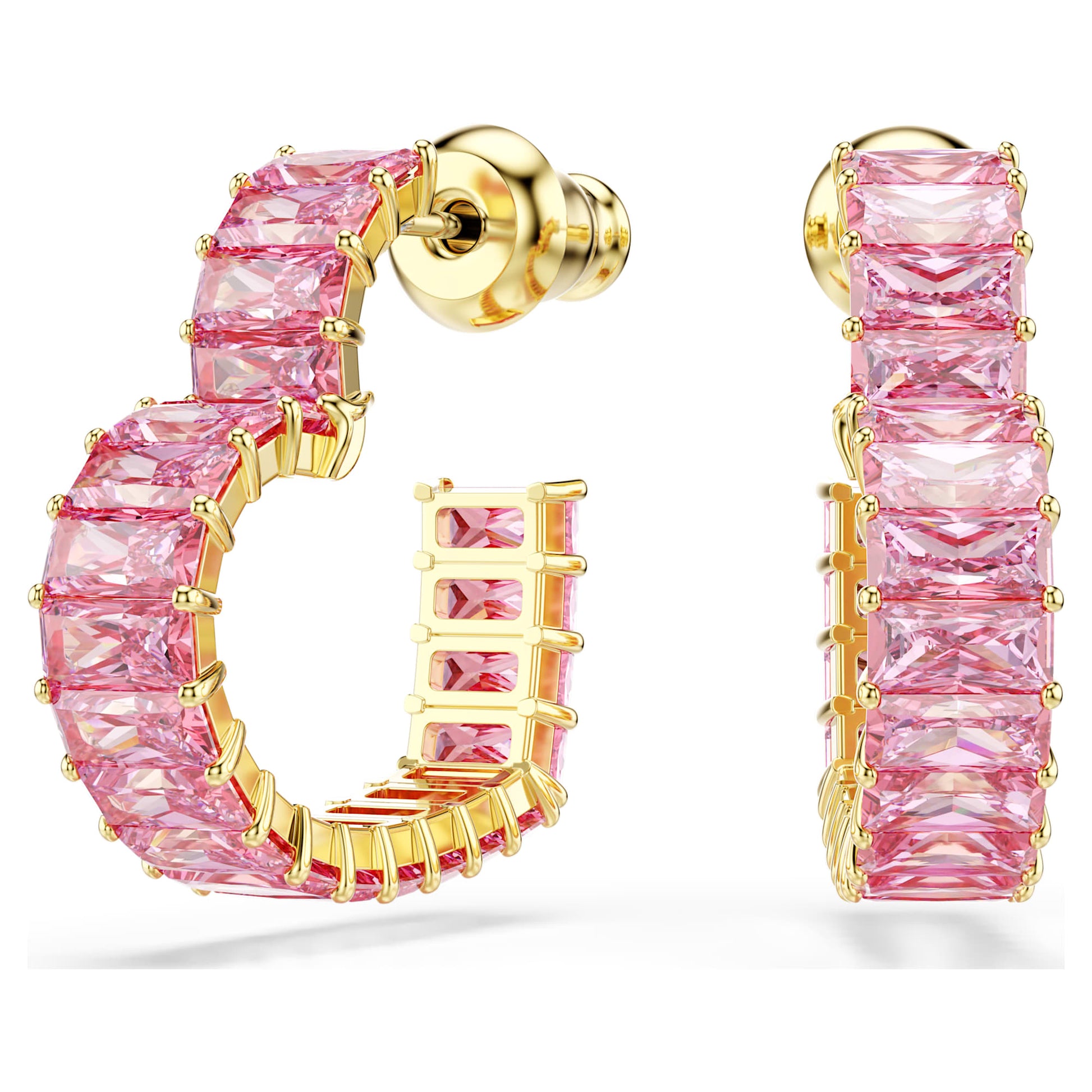Swarovski Matrix hoop earrings Baguette cut, Heart, Small, Pink, Gold-tone plated 5706340