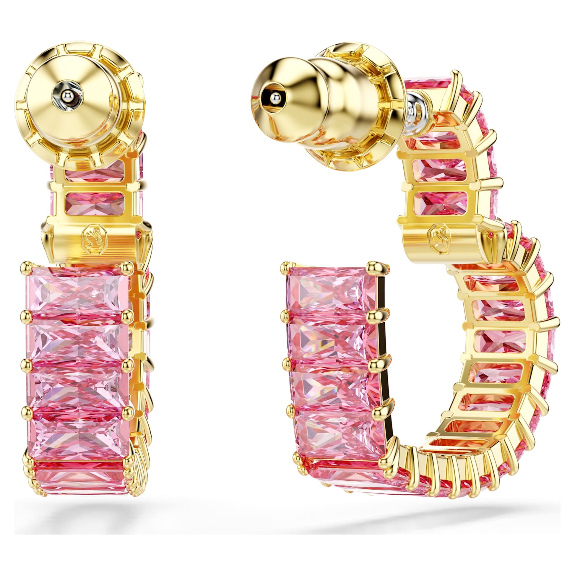 Swarovski Matrix hoop earrings Baguette cut, Heart, Small, Pink, Gold-tone plated 5706340