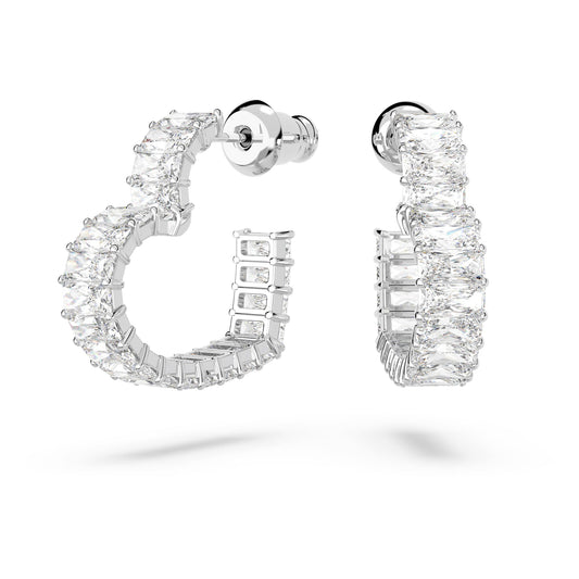 Swarovski Matrix hoop earrings Baguette cut, Heart, Small, White, Rhodium plated  5653170