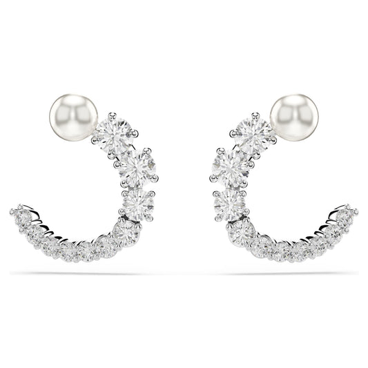 Swarovski Matrix hoop earrings Crystal pearl, Round cut, White, Rhodium plated 5692260