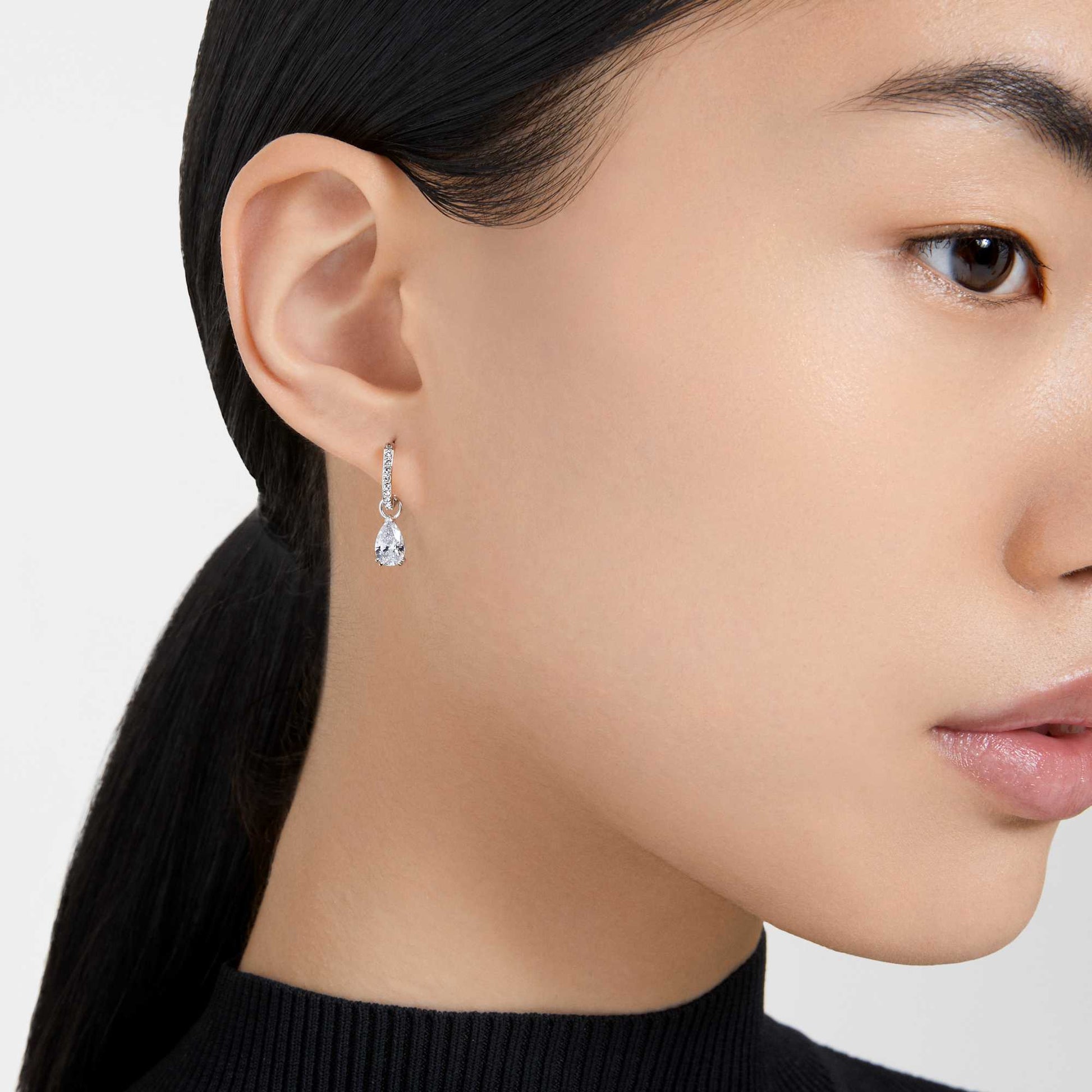 Swarovski Stilla drop earrings Pear cut, Round cut, White, Rhodium plated 5636716