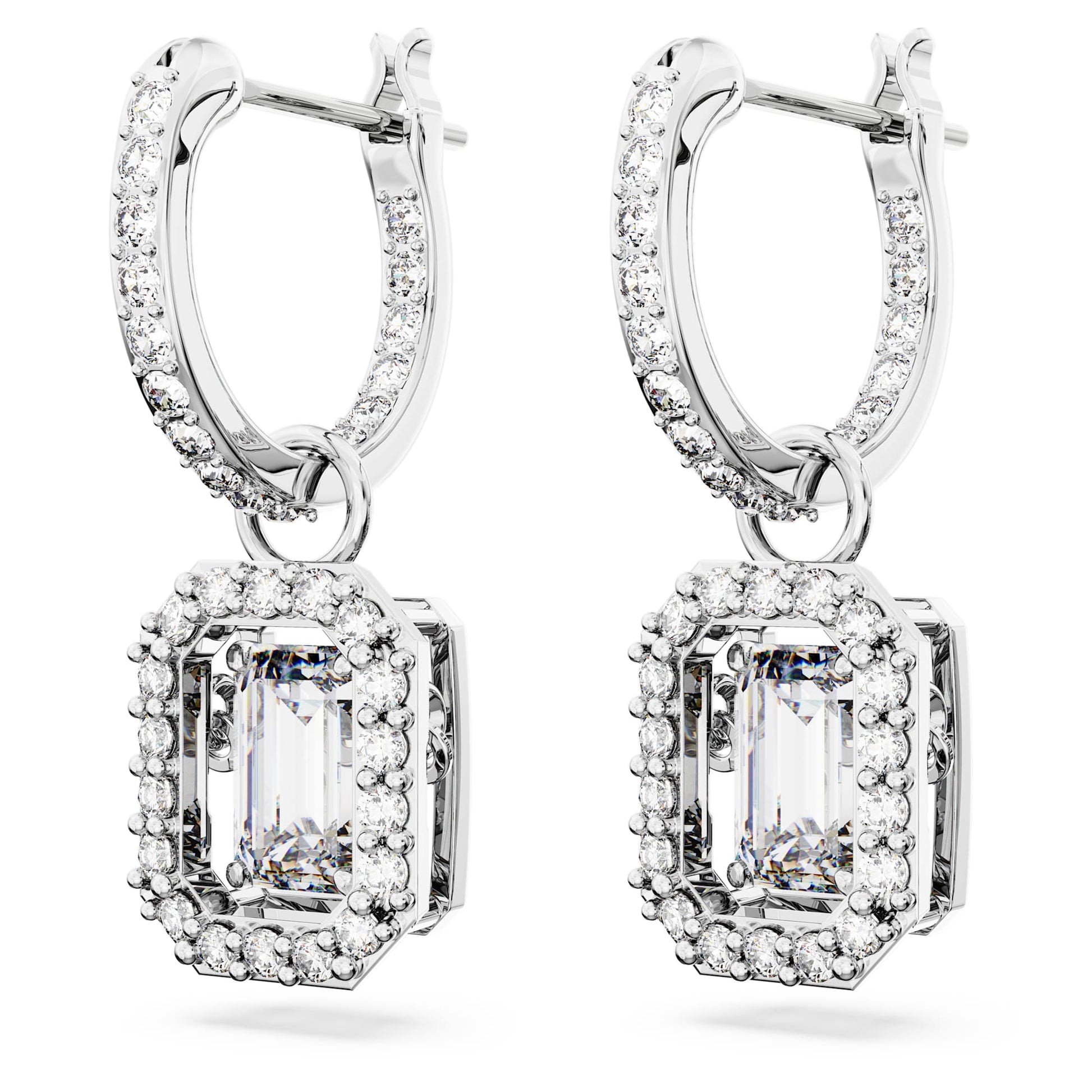 Swarovski Una drop earrings Octagon cut, White, Rhodium plated 5638495
