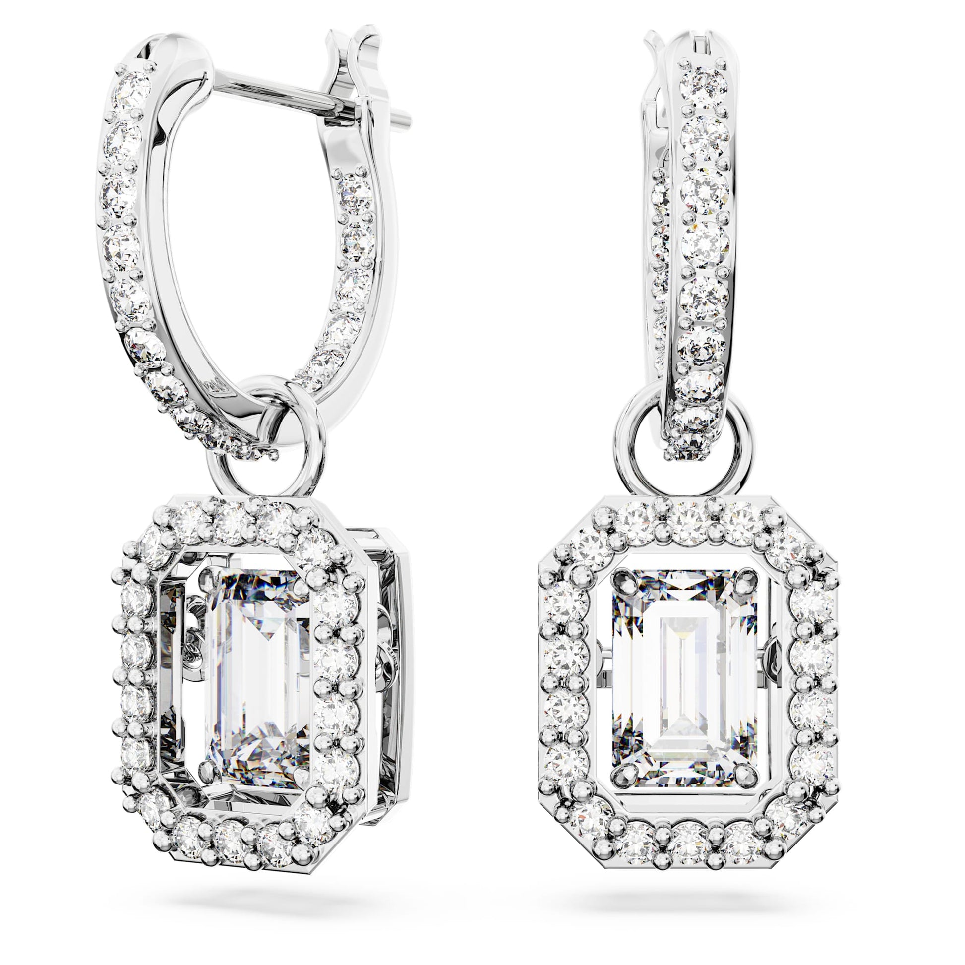 Swarovski Una drop earrings Octagon cut, White, Rhodium plated 5638495